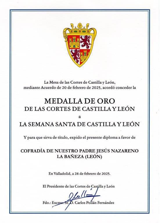 2025-02-28. Medalla de Oro de las Cortes de Castilla y León